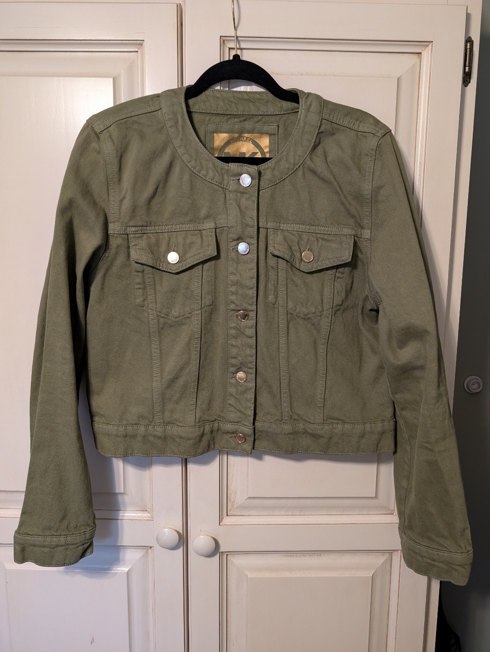 Michael Kors Smoky Olive Green Button-Front Cropped Jean Jacket